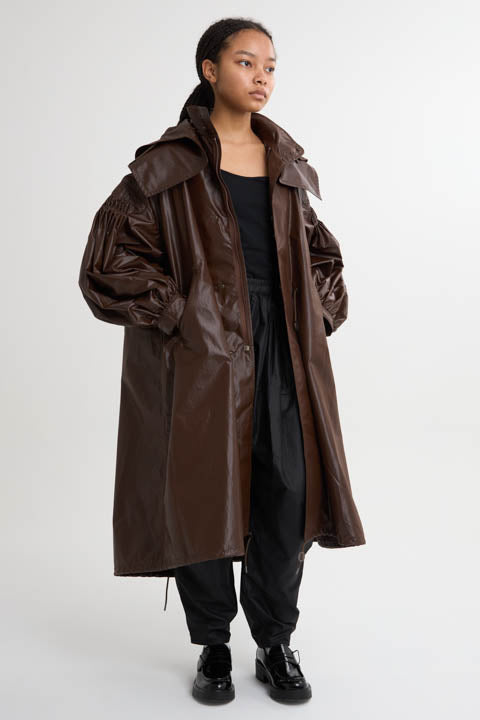2WAY Pin tuck Leather like Nylon Long Mods coat Brown – MEGMIURA