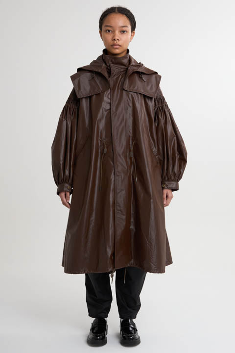 2WAY Pin tuck Leather like Nylon Long Mods coat　3Colors
