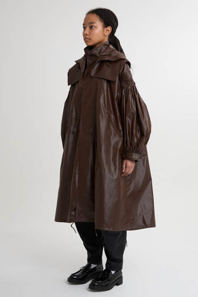 2WAY Pin tuck Leather like Nylon Long Mods coat　3Colors