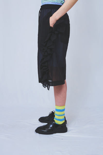 See-through frill pants Black