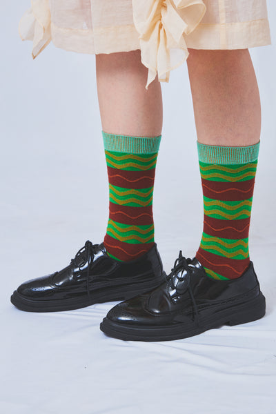 Tokone×MEGMIURA WARDROBE Wavy stripe socks Green×Brown