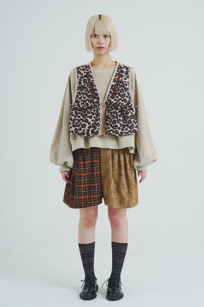 Padded Quilted Leopard Vest Beige Leopard