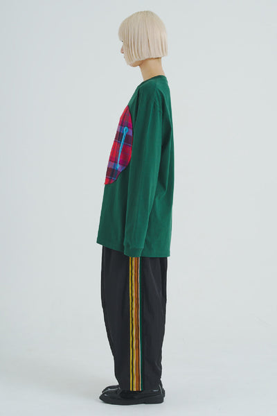 !Pre-Order!Embroidered Patchwork Long-Sleeve T-Shirt D.Green