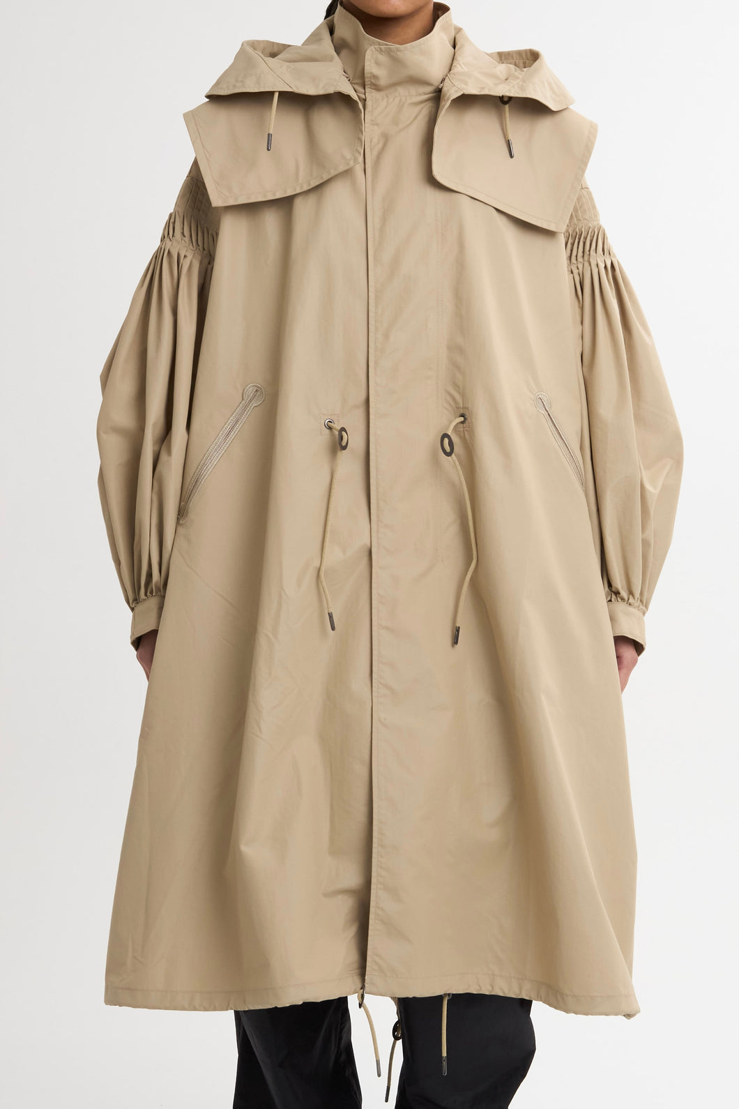 2WAY Pin tuck Leather like Nylon Long Mods coat　Beige