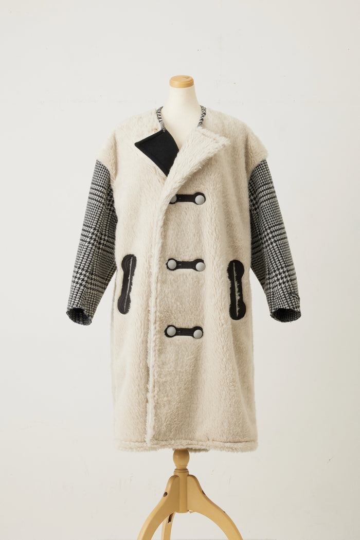 Far Collarless Long P coat　Ecru×Check