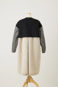 Far Collarless Long P coat　Ecru×Check