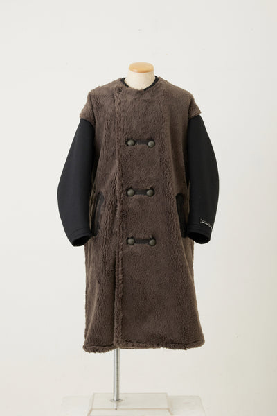 Far Collarless Long P coat　Gray×Black