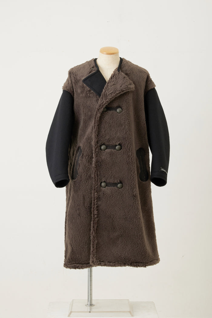 Far Collarless Long P coat　Gray×Black